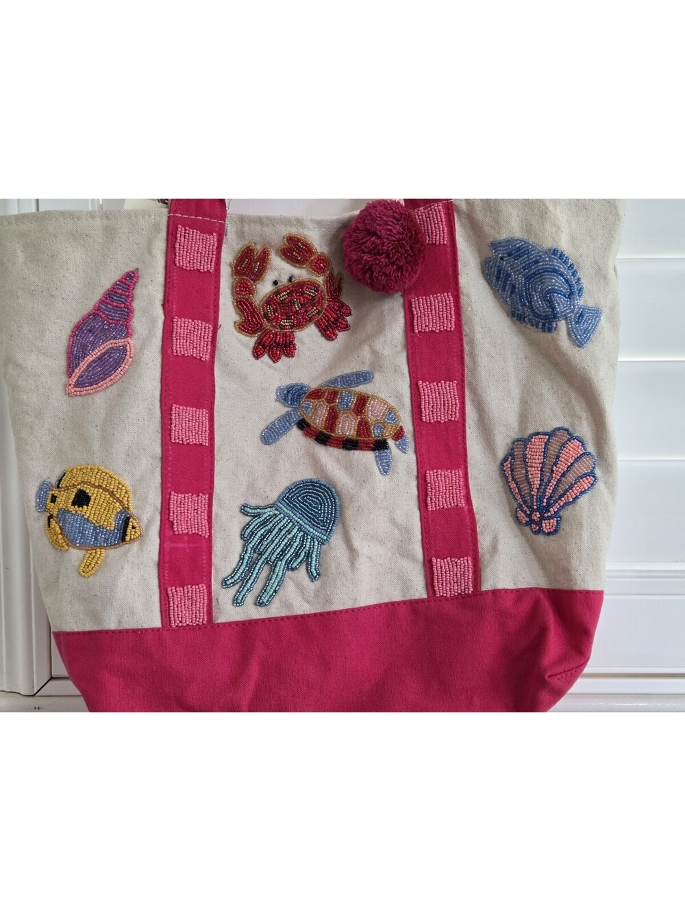 NWT Sol Mer Beaded Beach Tote Bag Pink Canvas Sea Life Crab Turtle Shell Pom Pom - Picture 3 of 5